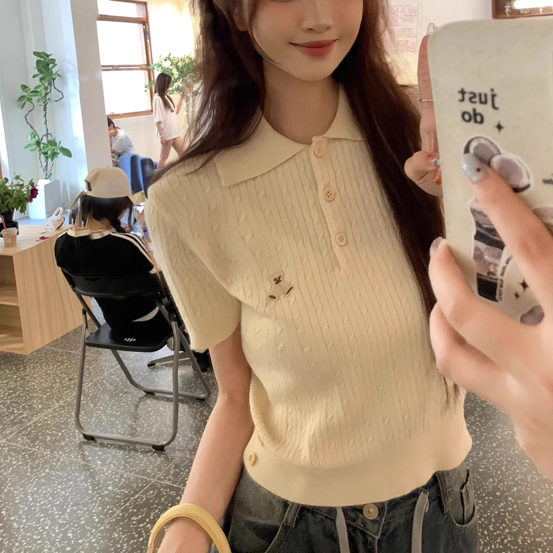 法式甜辣夏季减龄polo领冰丝针织短袖t恤女刺绣掐腰短款小衫上衣