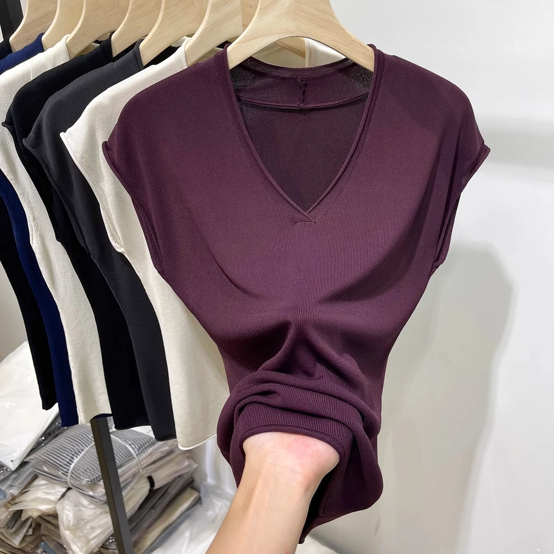 欧货V领冰丝针织短袖t恤女2025夏季新款修身显瘦卷边飞飞袖上衣薄