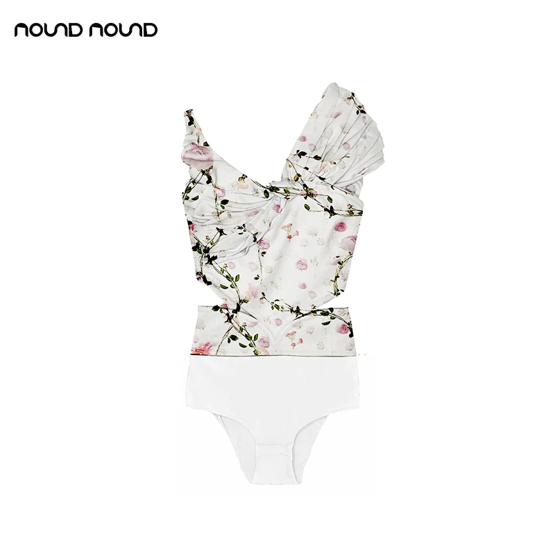 【yingpei】noundnound设计感时尚修身印花肩部单边抽皱打结连体衣