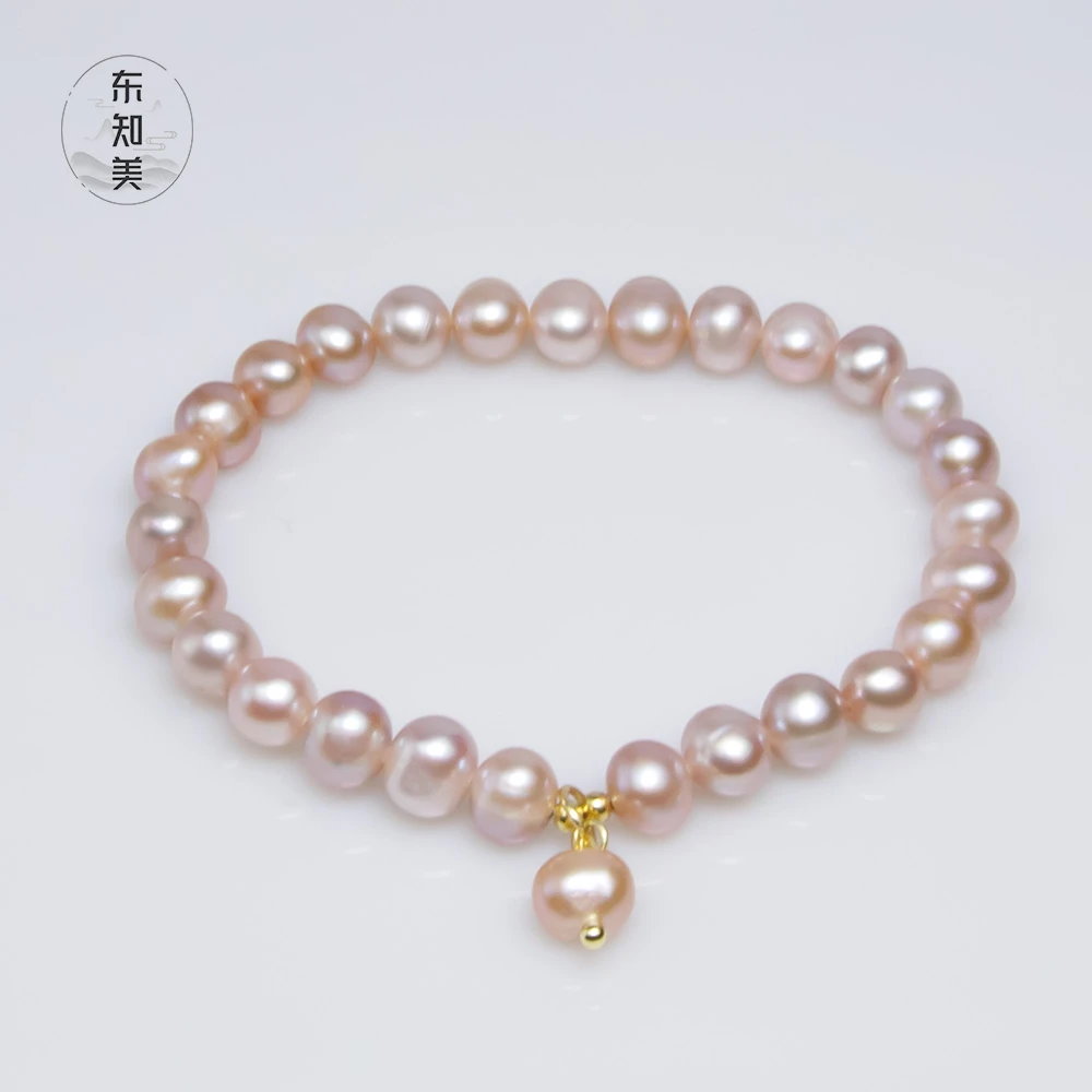 【海棠紫】）5-6mm天然淡水珍珠粉紫色全珠弹力绳手串0625