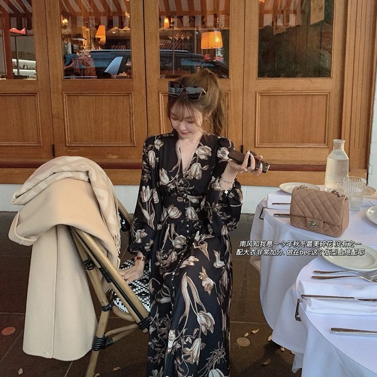 金蘑菇菇 La ville lumière南风知我意/优雅显瘦收腰印花连衣裙