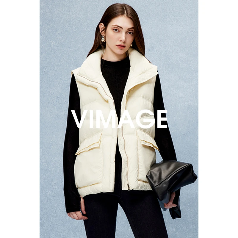 VIMAGE纬漫纪2024冬新款时尚百搭立领保暖羽绒马甲外套