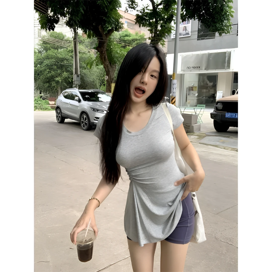 【百搭时尚】圆领T裙掐腰正肩T恤女2025夏季显瘦上衣女百搭纯欲