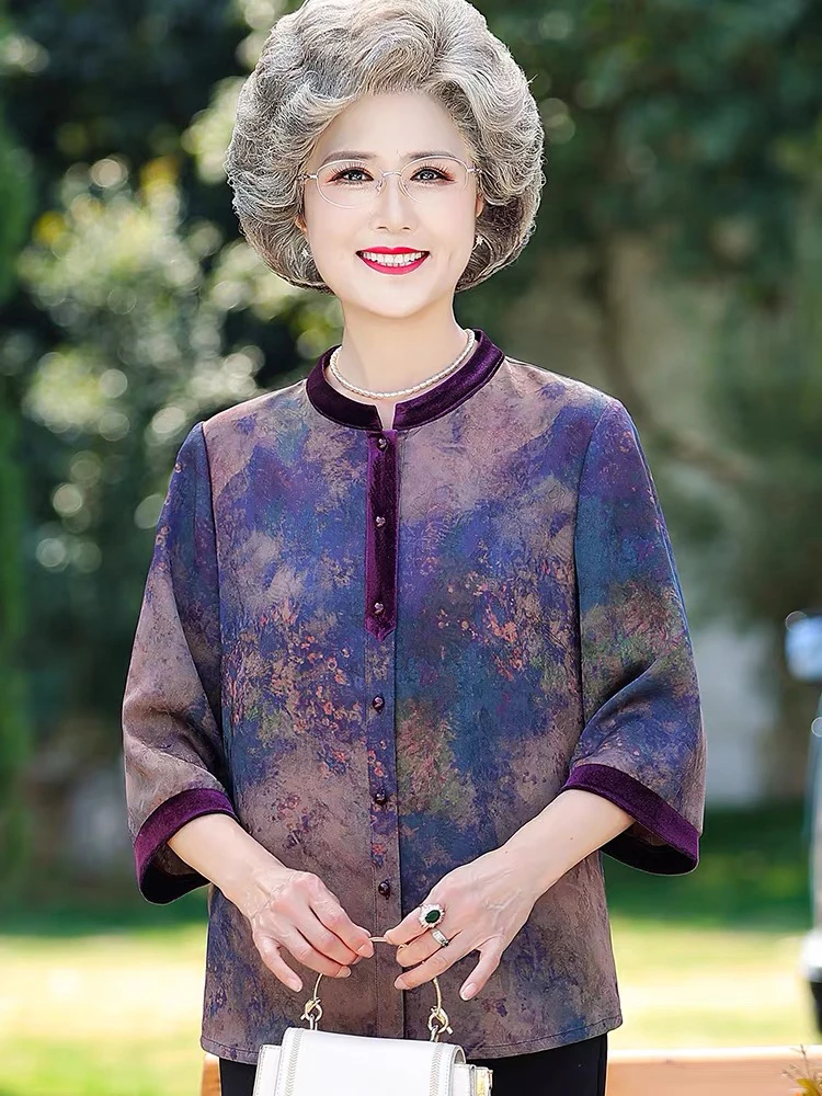 妈妈夏装真丝七分袖衬衫时尚印花中老年女夏季气质上衣阔太太大码