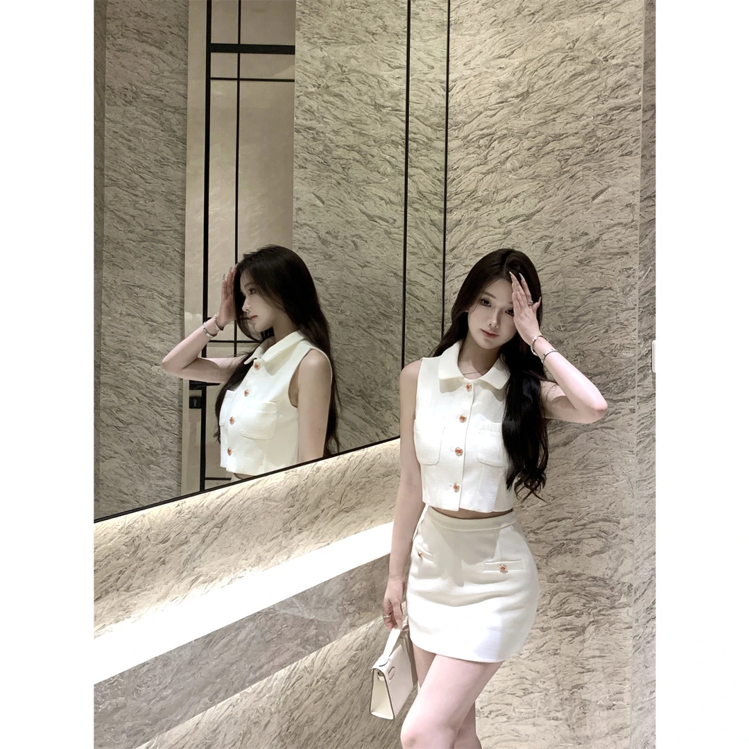 法式小香风高级感设计短款无袖翻领马甲背心+高腰显瘦半身裙套装