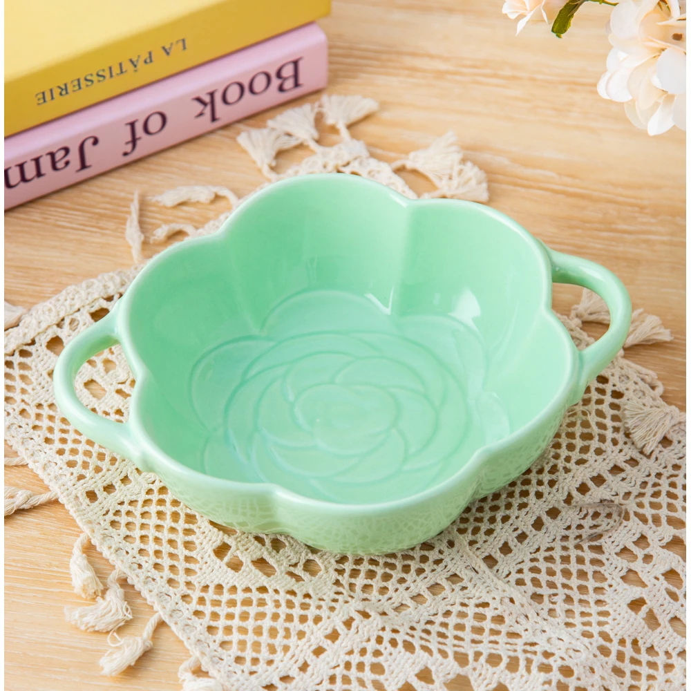 家用陶瓷餐具美二烧釉下彩手作亮光粉青9英寸双耳花瓣汤碗（1个装）