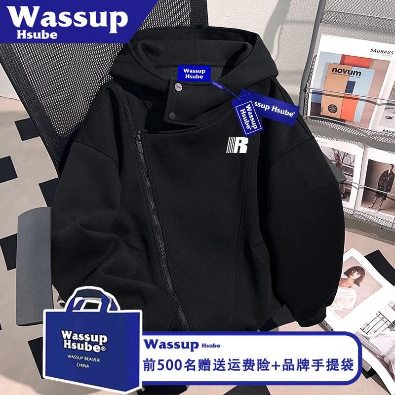 WASSUP HSUBE美式字母印花外套秋冬加绒连帽黑色开衫男女拉链卫衣