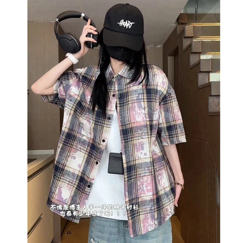 美式高街扎染格子衬衫短袖夏季薄款复古氛围感小众设计感格纹衬衣