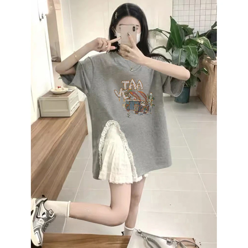 大码纯棉短袖印花T恤女夏季2025新款宽松休闲遮肉显瘦垂感上衣服