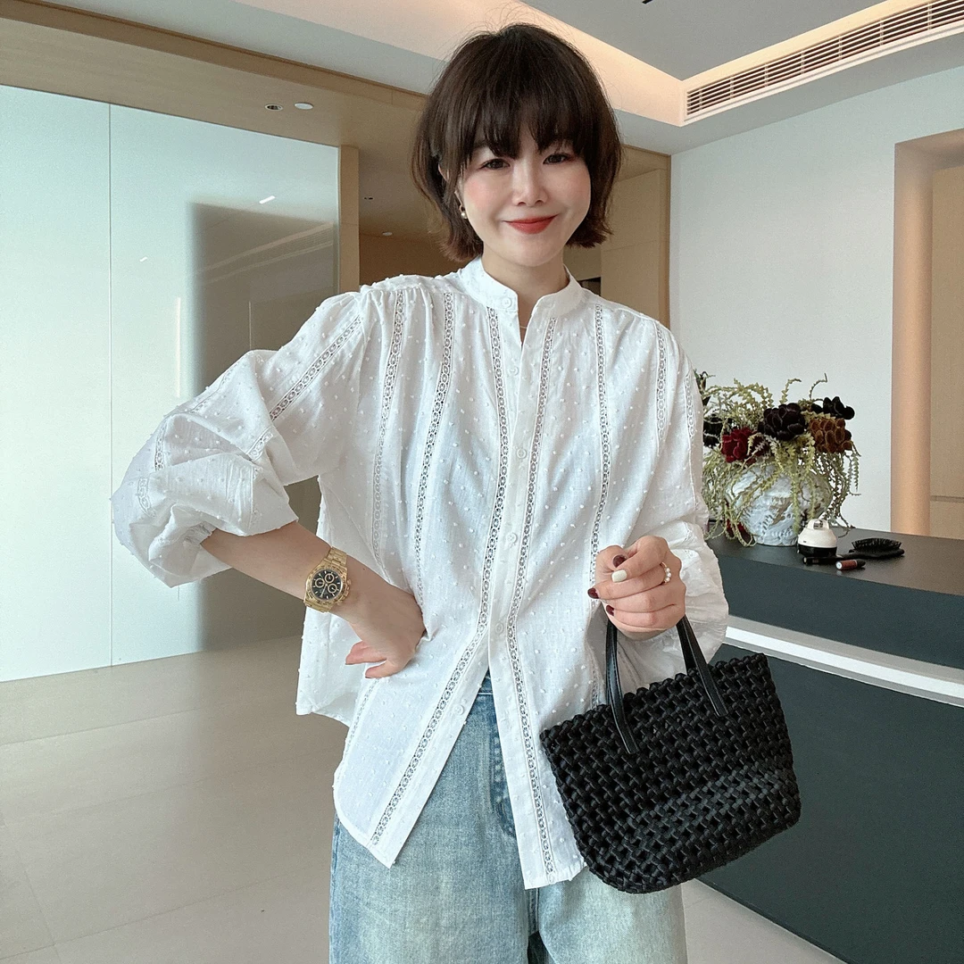 春季新款蕾丝花边立领衬衫气质百搭时尚衬衣