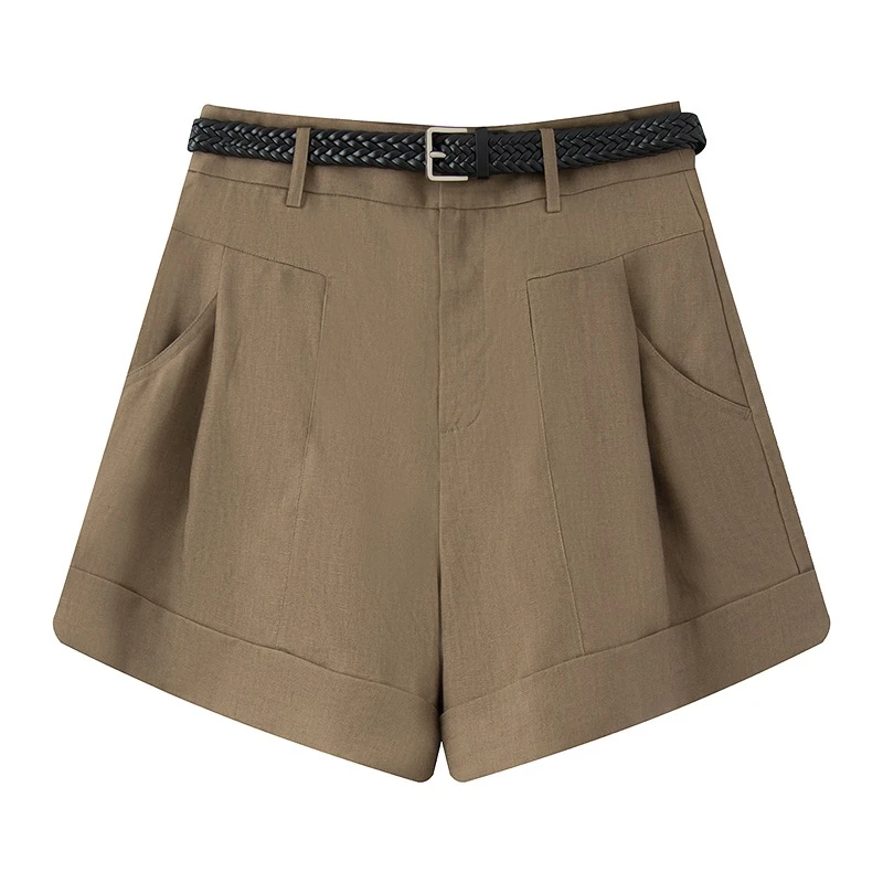 艾家同款2025夏季时尚百搭显瘦休闲高腰腰带直筒短裤女-3057
