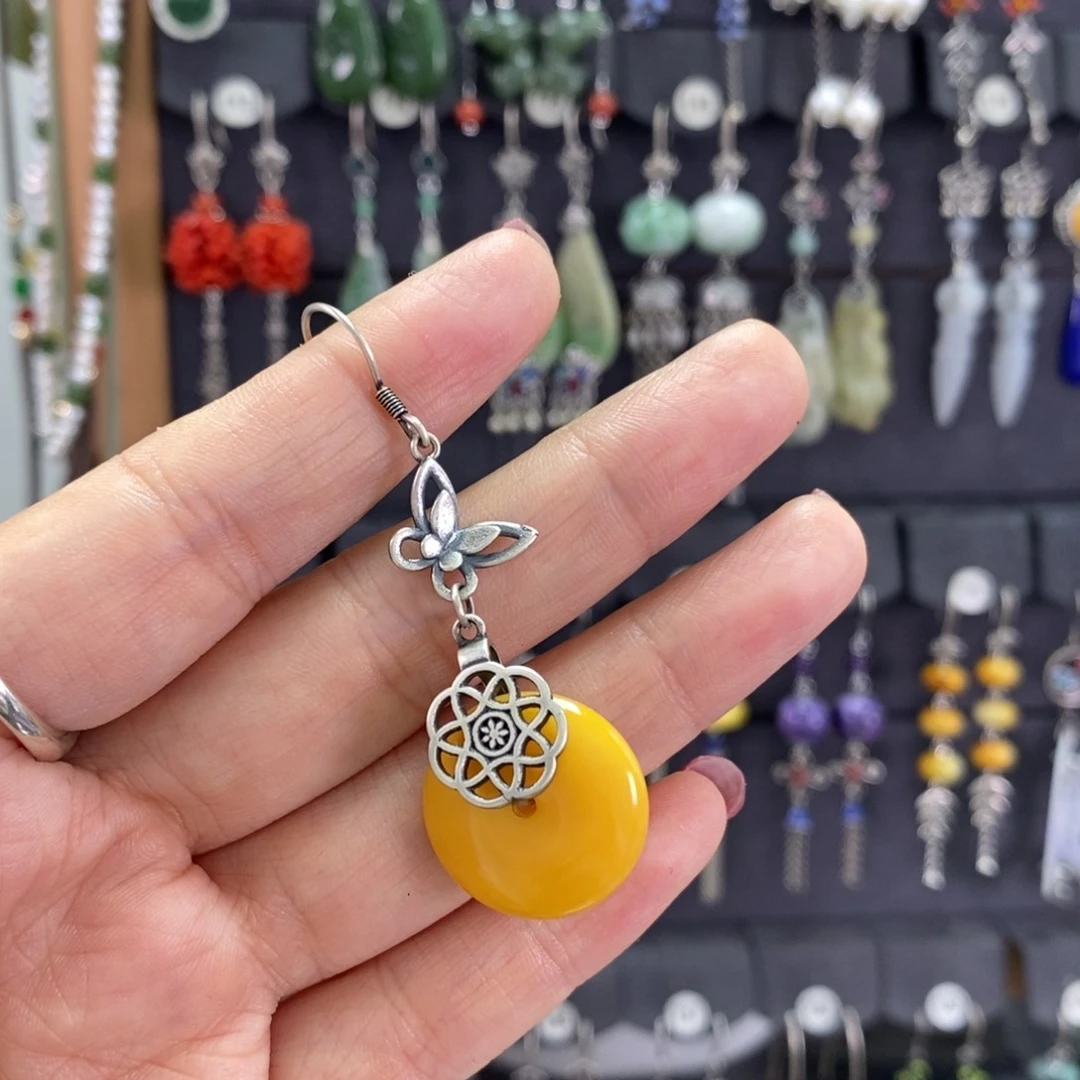 银S925镶嵌蜜蜡耳饰木*花X30