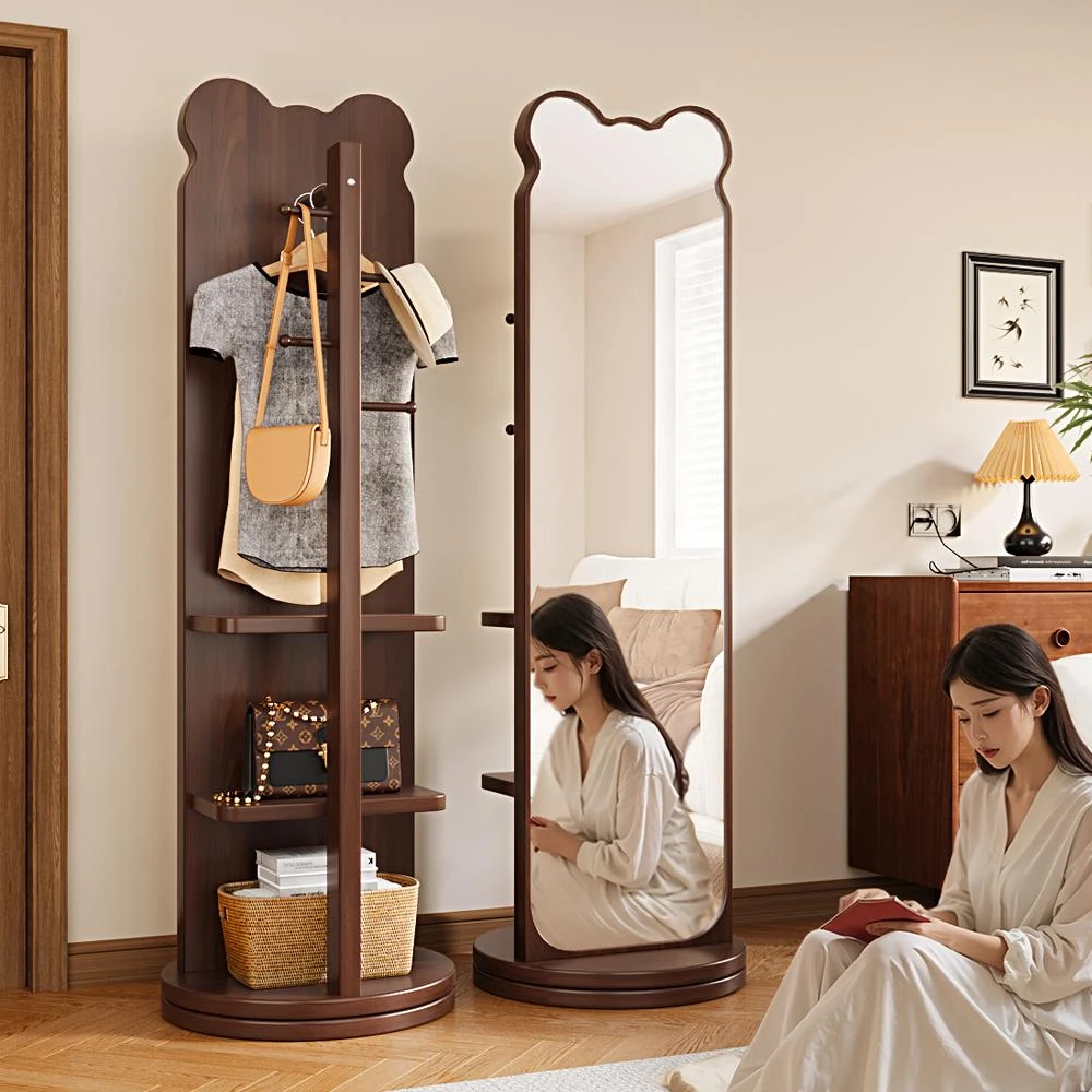 小熊全身镜落地镜家用卧室可旋转移动试衣镜子带挂衣架一体穿衣镜