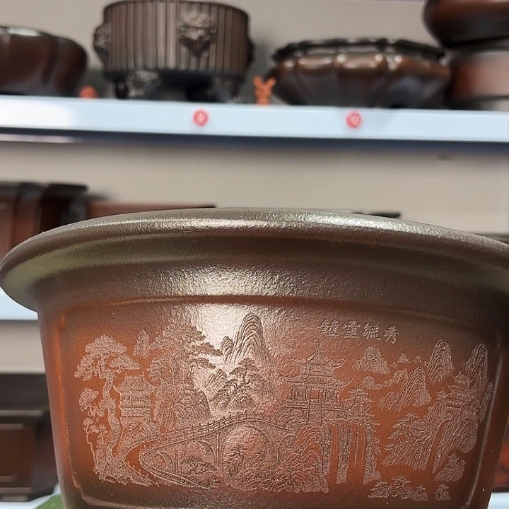 紫砂花盆刻绘山水