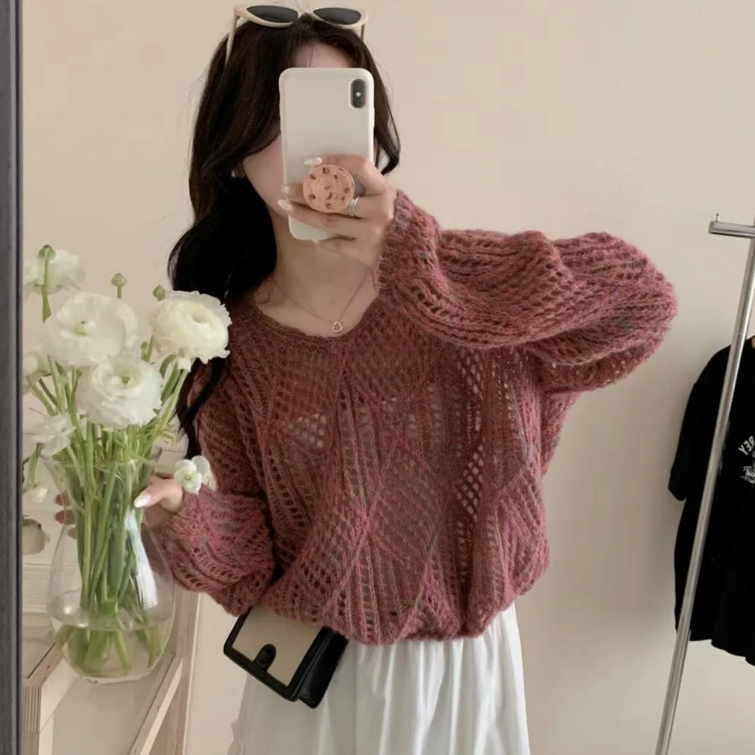 6-花色早秋季长袖薄款镂空针织衫女新款宽松慵懒风V领针织