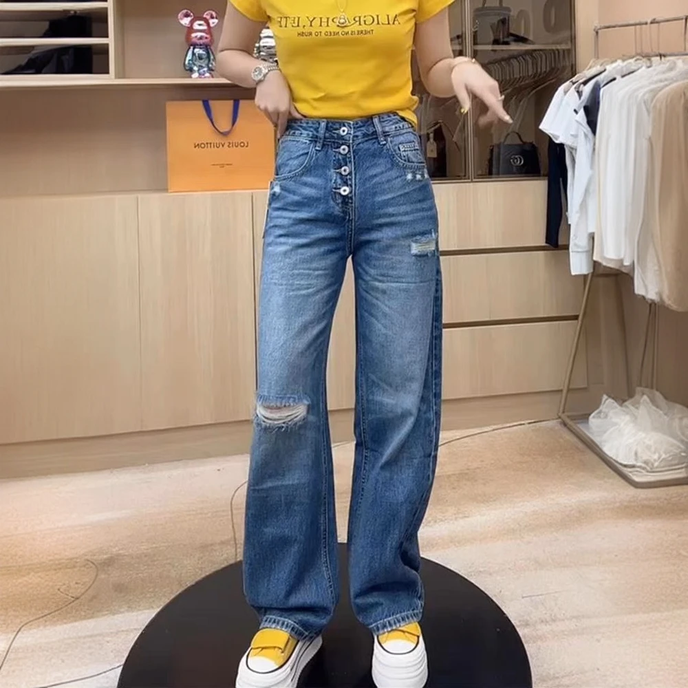 设计感蓝色破洞直筒牛仔裤女2025夏季薄款高要宽松显瘦阔腿长裤子