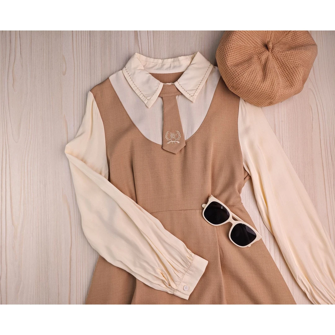 学院风复古领带撞色连衣裙2025秋季长袖甜美翻领连衣裙