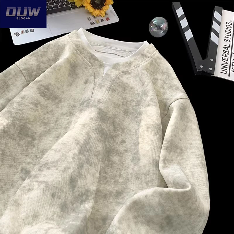 O.U.W2025男装秋季新款扎染拼接宽松套头长袖假两件圆领卫衣复古