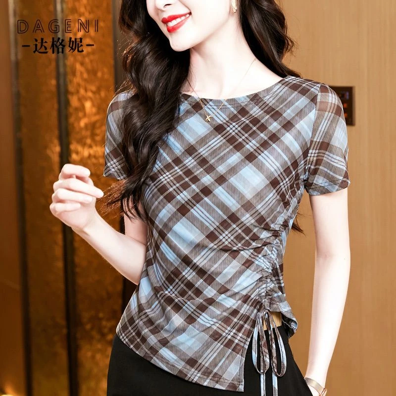 一字领格子印花网纱短袖t恤女2025年夏季新款不规则收腰抽绳上衣