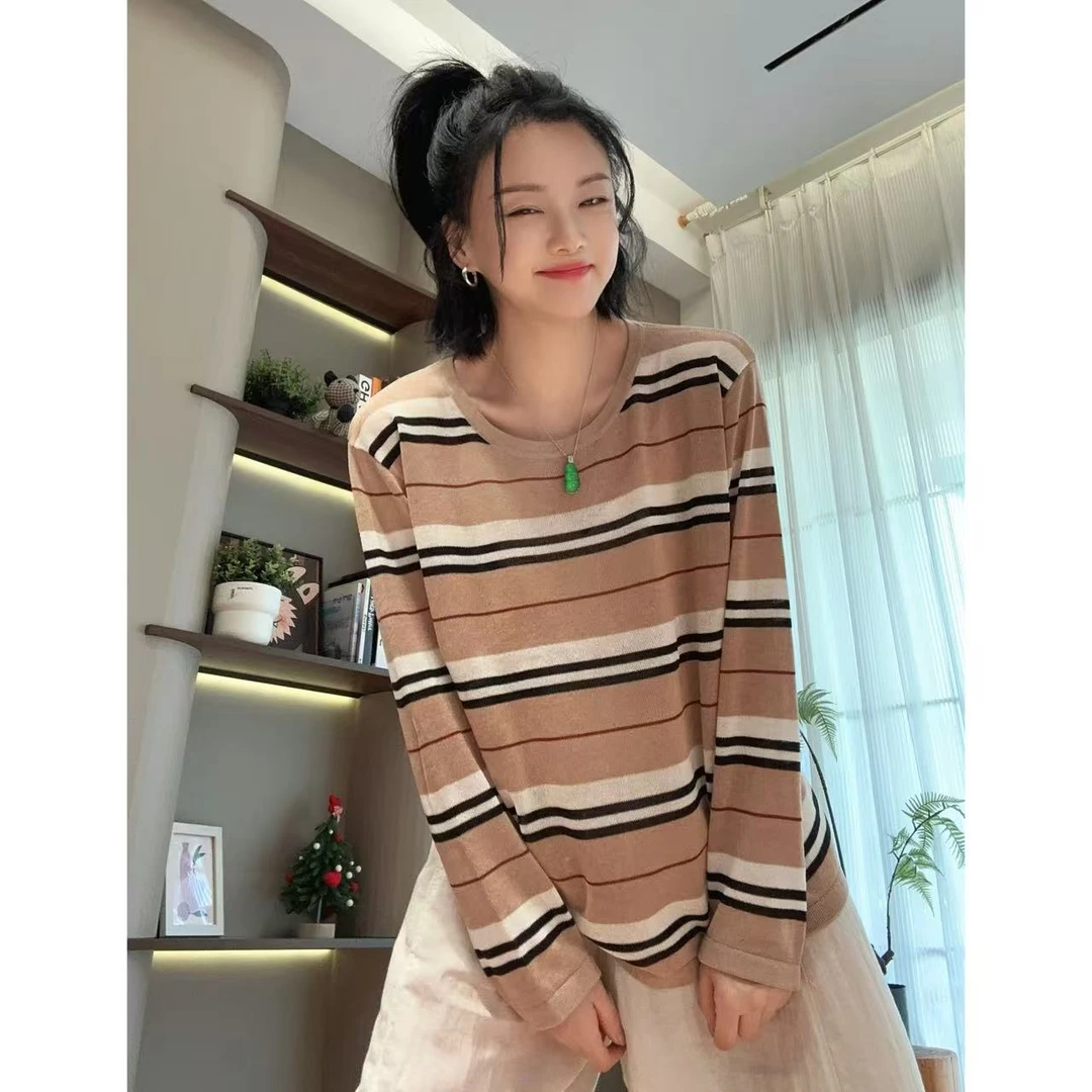 夏季卡其宽条纹显瘦百搭长袖针织衫5-7-24