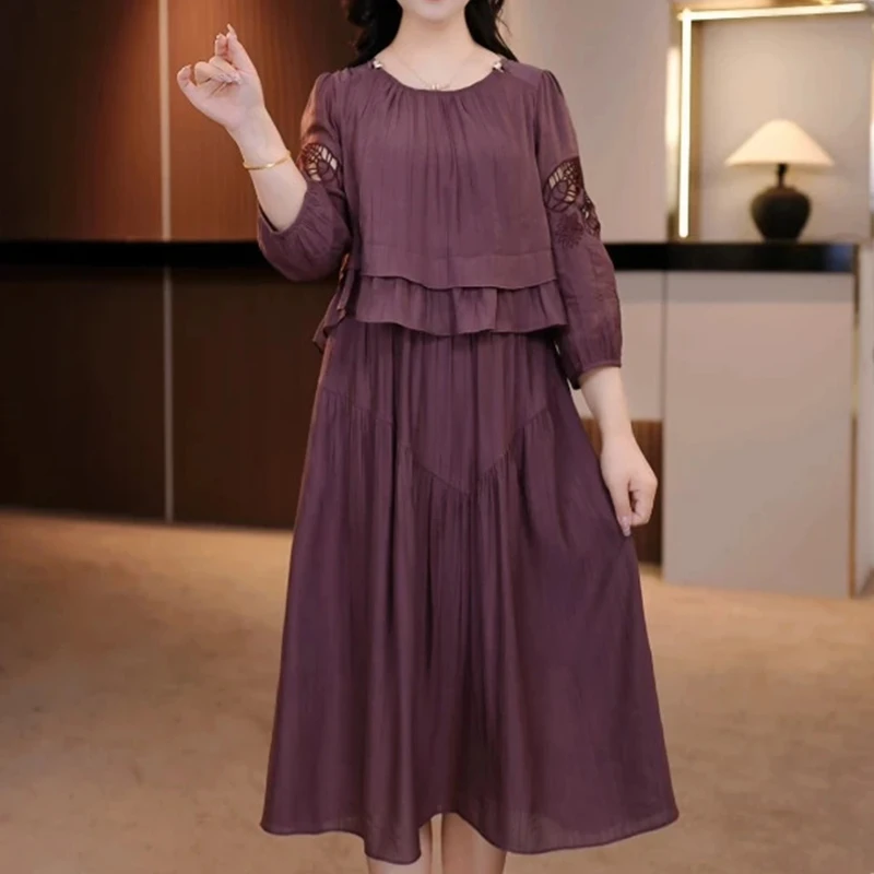 高端气质假两件连衣裙2025年夏季新款妈妈洋气减龄遮肉显瘦中长裙