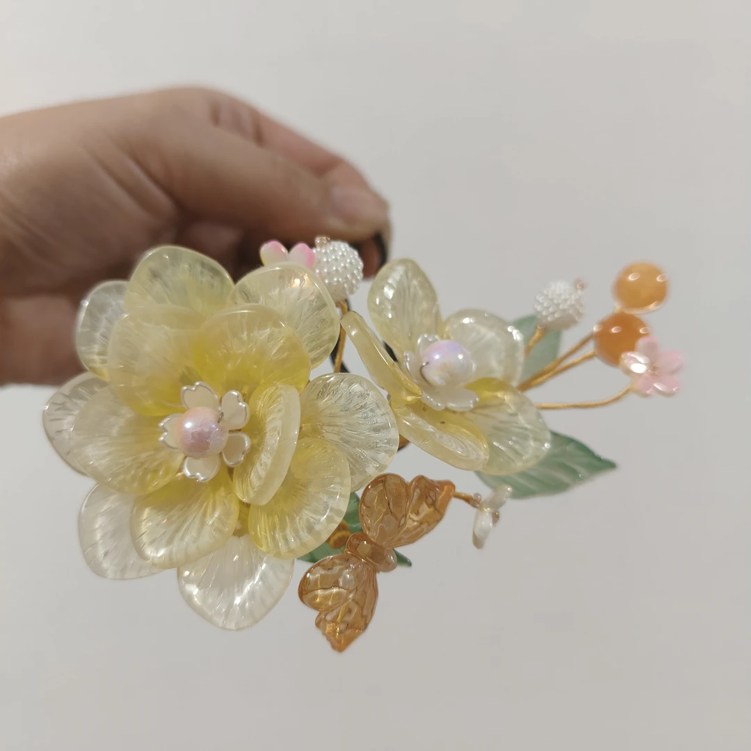 英哥少女风女原创设计发簪黄色唐风对夹幻彩手工旗袍汉服古风发饰