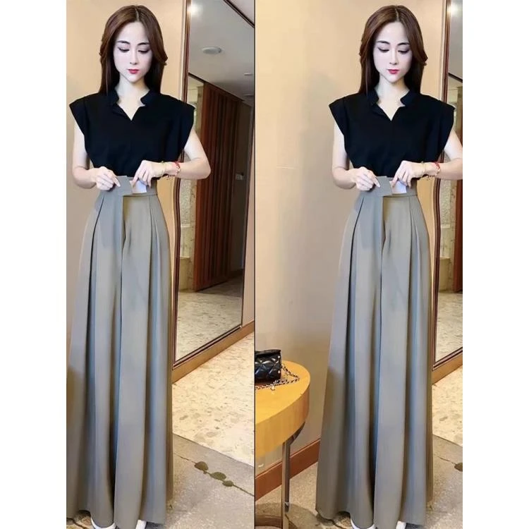 御姐时尚夏装休闲法式阔腿裤魔术贴显瘦上衣短袖夏季时尚套装减龄