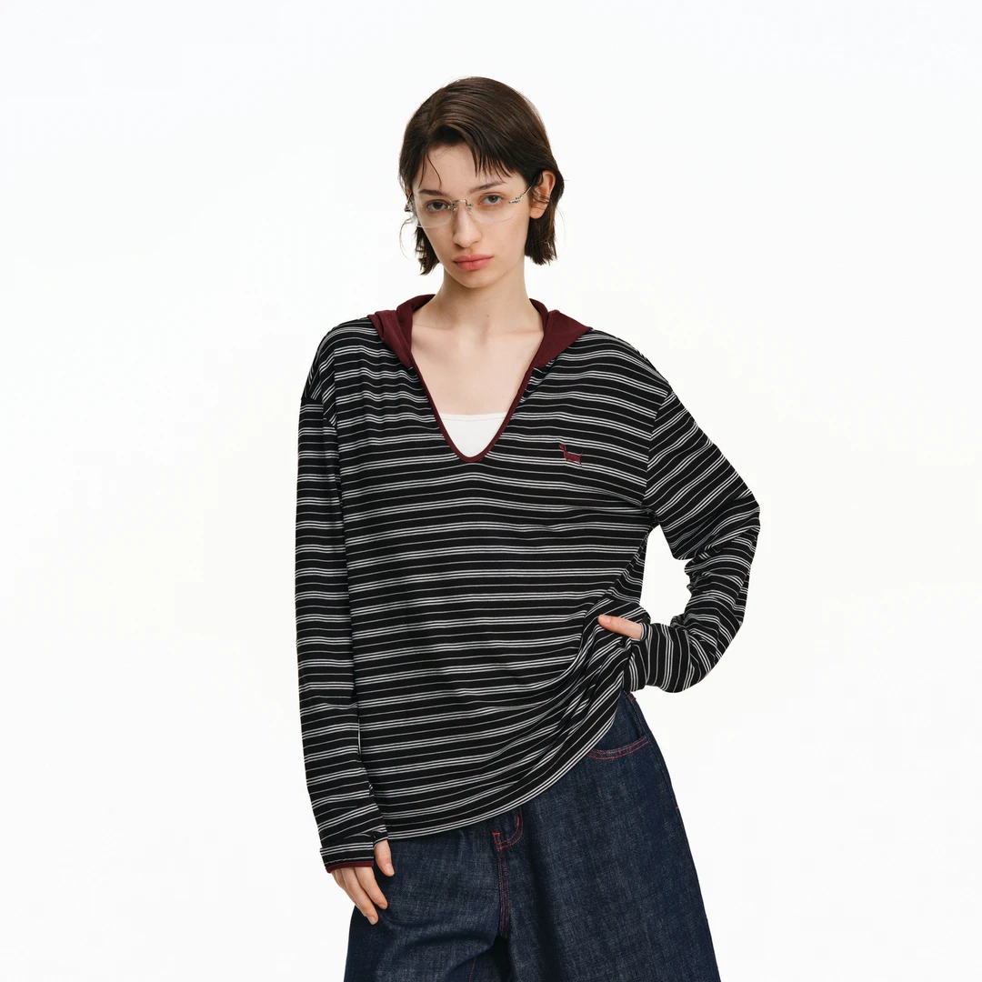 PCLP条纹撞色连帽罩衫夏季潮牌透气凉感长袖宽松显瘦t恤上衣