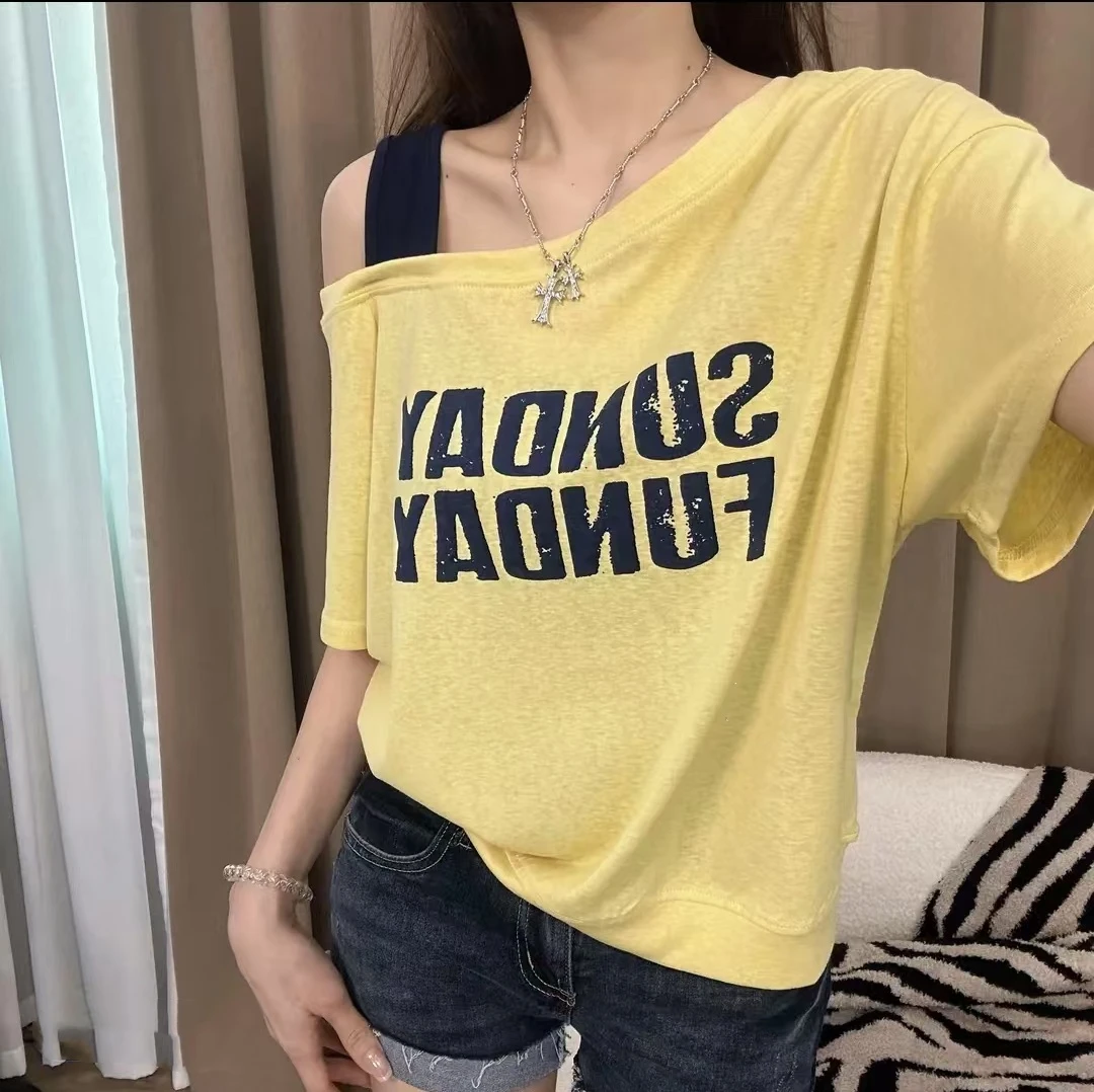 设计感字母印花斜肩短袖t恤女夏季大码胖mm宽松显瘦气质韩版上衣