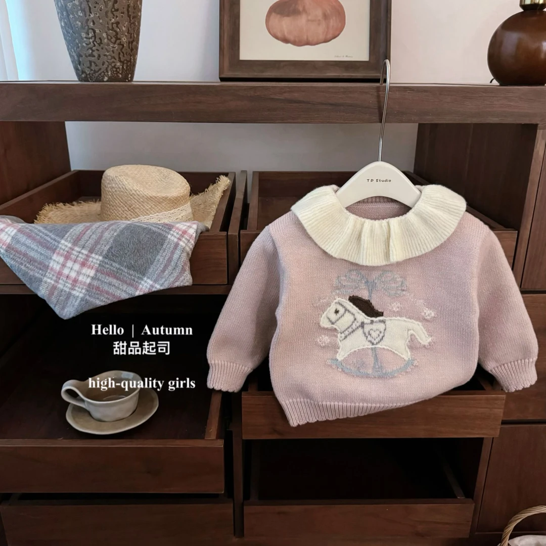 【甜品起司】粉小马！韩国童装女宝宝娃娃领毛衣针织衫格子裙套装
