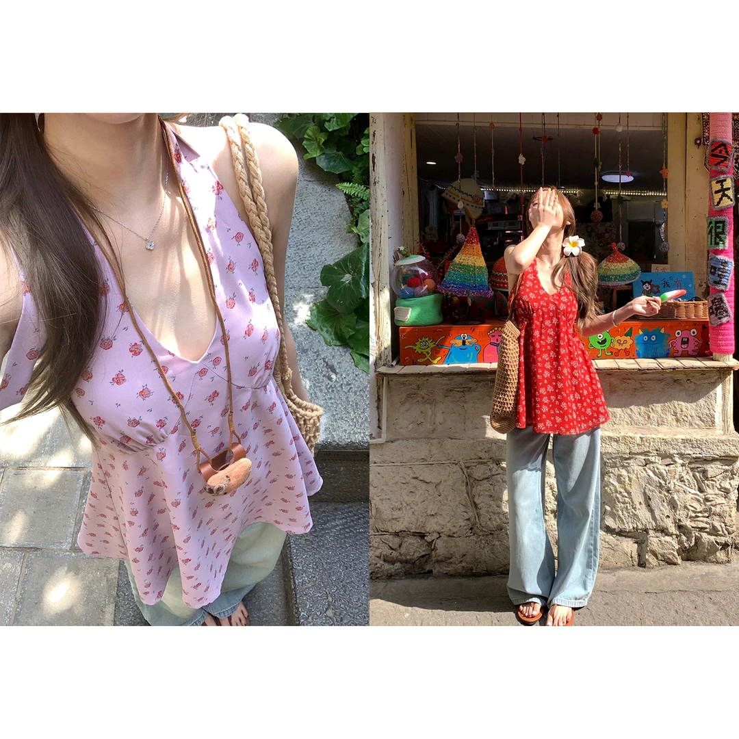 im向 巴厘岛假日~夏日碎花V领挂脖系带显瘦背心上衣