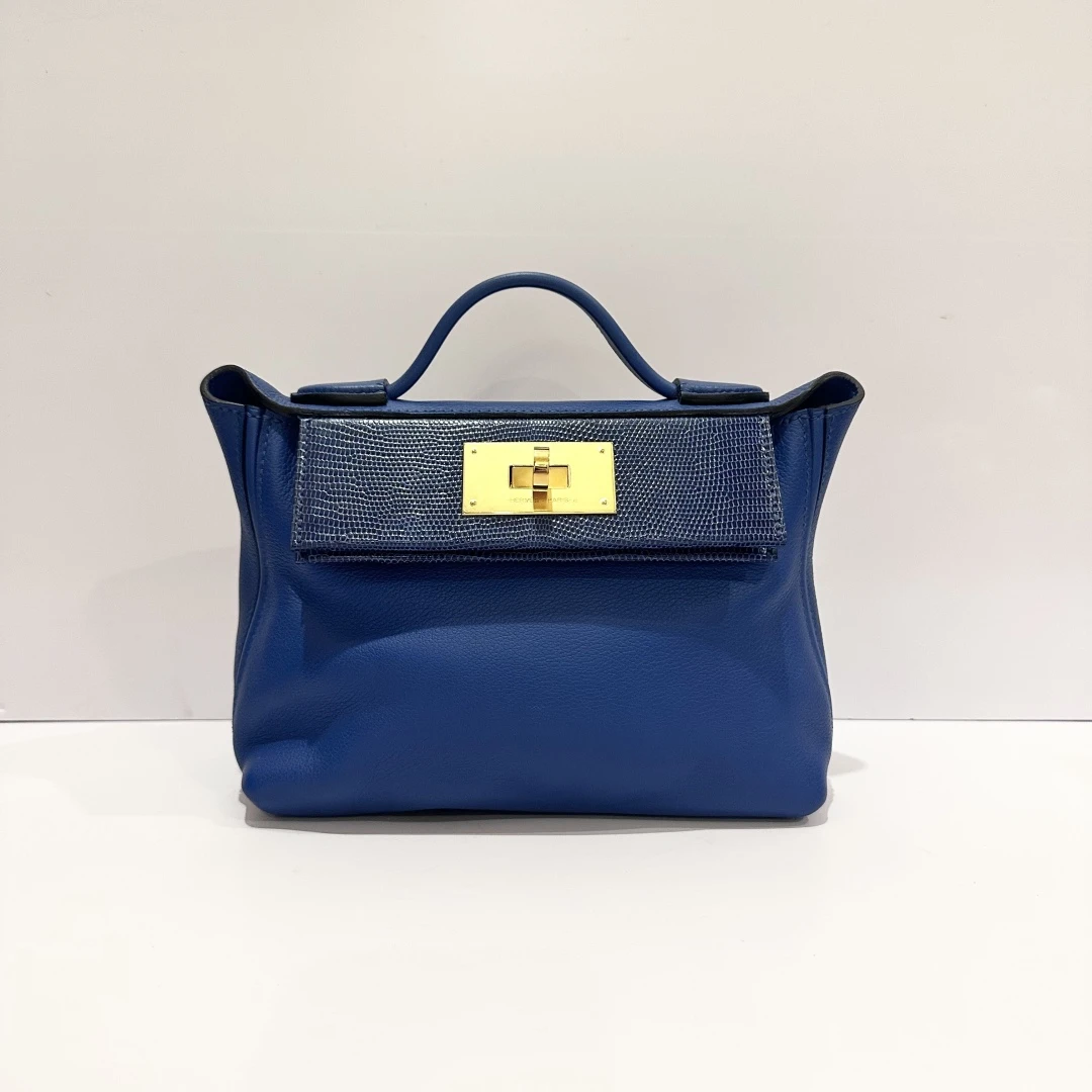 99新 Hermes/爱马仕 7姐专场/蓝色拼蜥蜴皮 金扣 mini 2424  Z刻