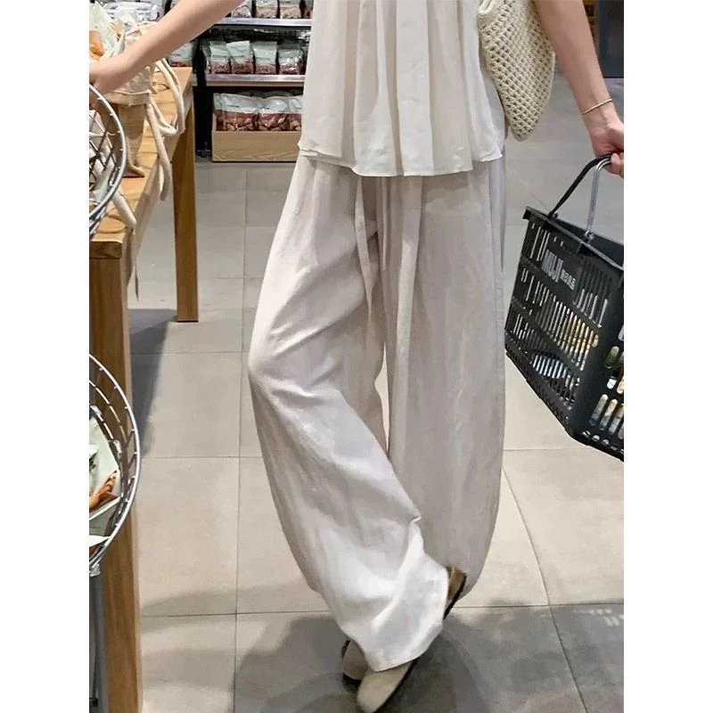 亚麻天丝阔腿裤女夏薄款2025新款高腰垂感宽松慵懒休闲拖地裤老钱
