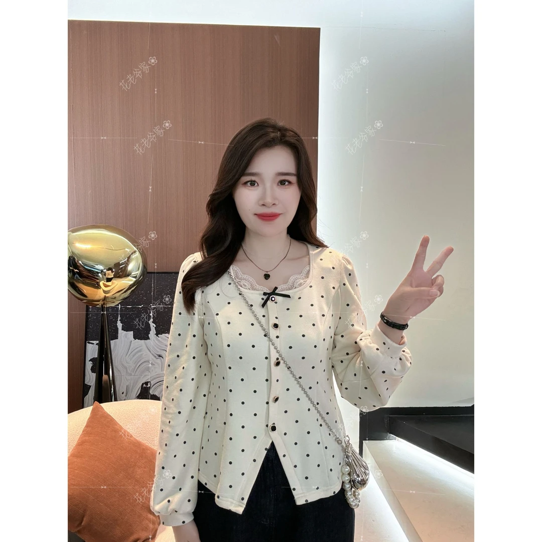 【仅上衣】花老爷微胖大码女装花边方领波点T恤HLY3627