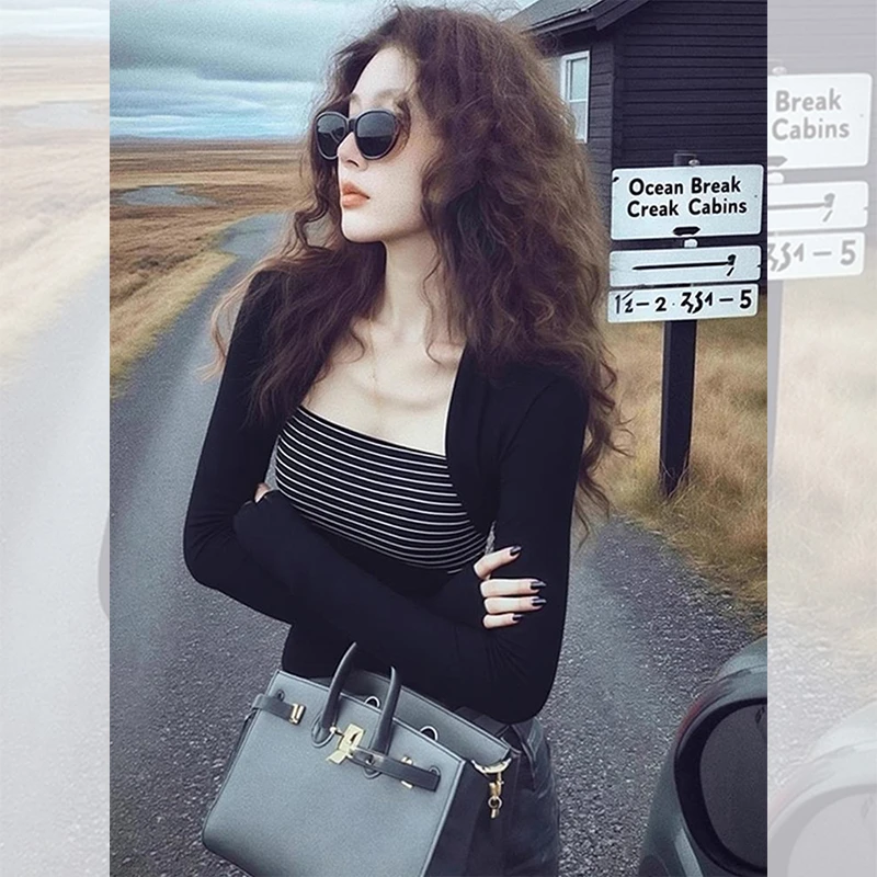 别致独特漂亮内搭方领小衫条纹拼接长袖t恤女秋冬洋气百搭上衣服