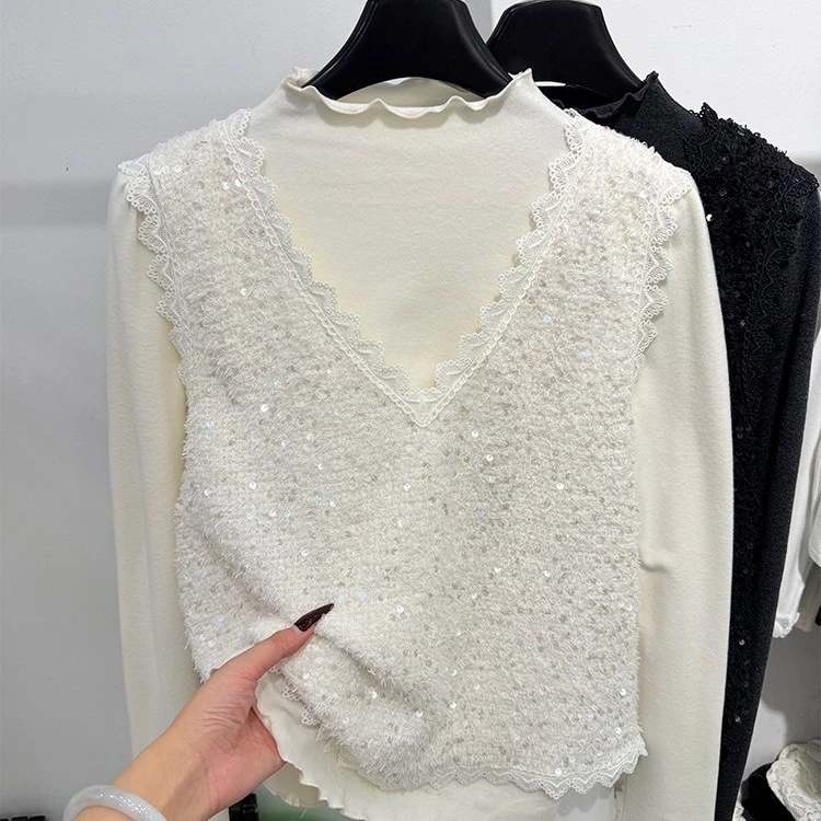 亮片蕾丝花边马甲+长袖半高领加绒打底衫女2025年冬季新品两件套