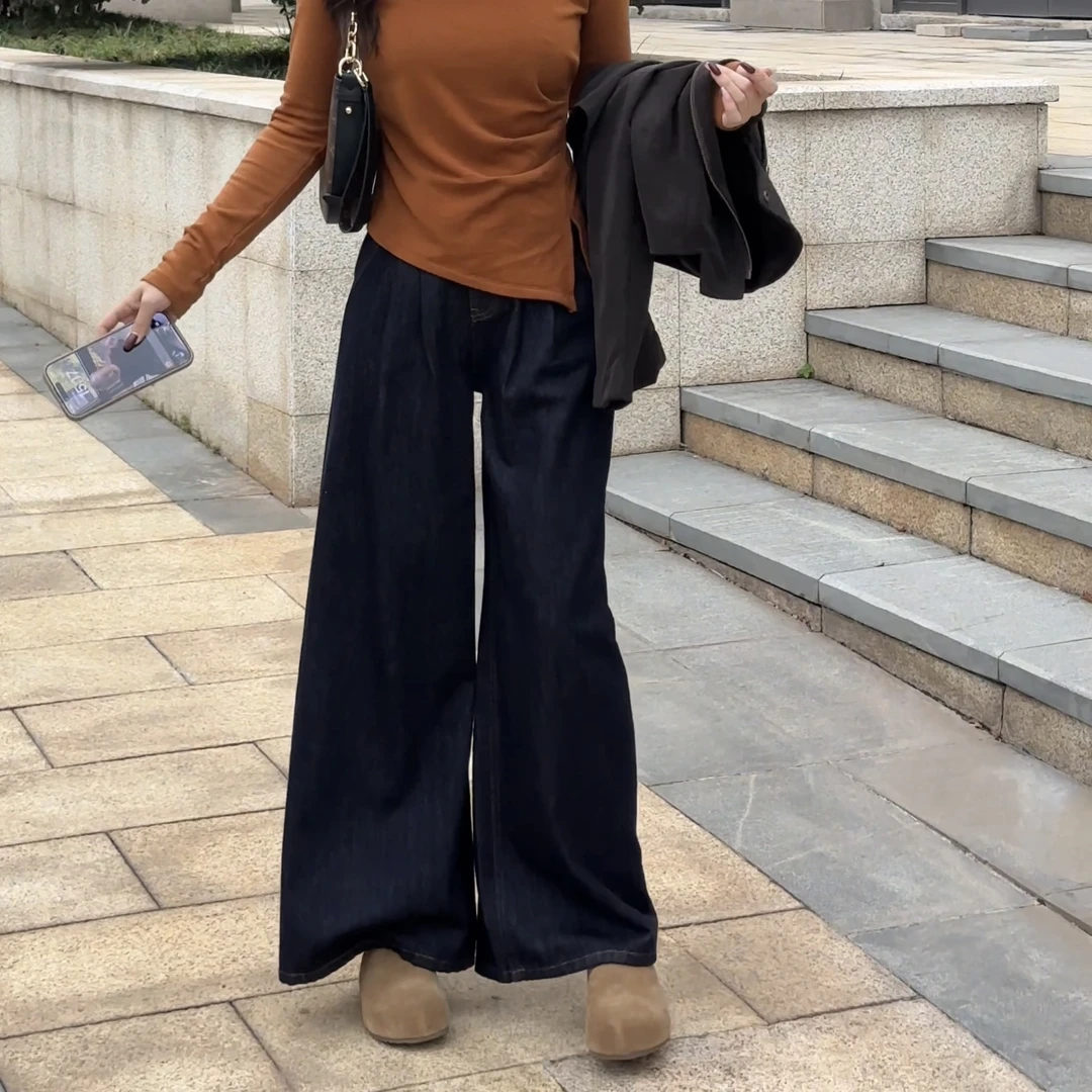 Barbie Siyu【倒影裤】6685秋季宽松设计感交叉带直筒微喇牛仔裤