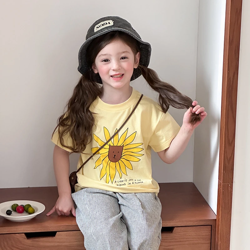 童装女童洋气韩版T恤打底衫儿童舒适透气双纱柔棉可爱卡通短袖潮