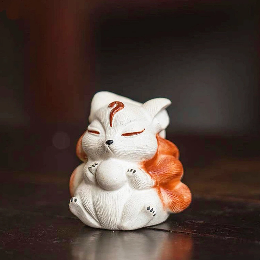 九尾狐紫砂茶宠狐狸小摆件手工雕塑创意茶玩可养茶桌装饰品礼物