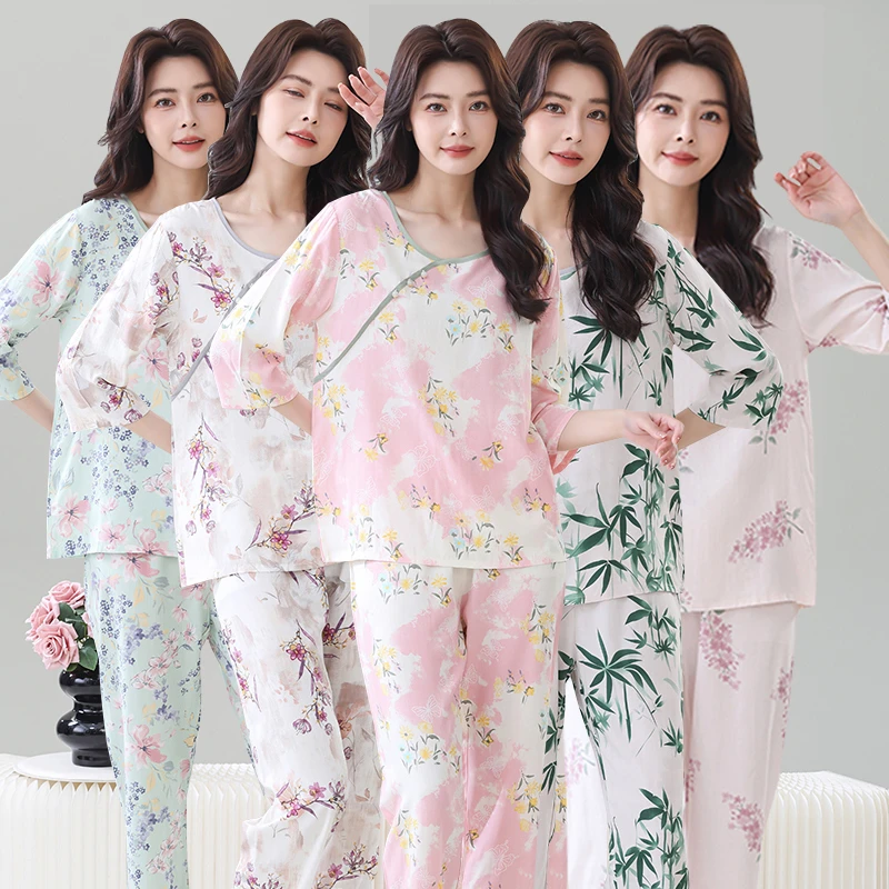 国风夏季棉绸七分袖长裤两件套2025年新款睡衣女套装休闲家居服