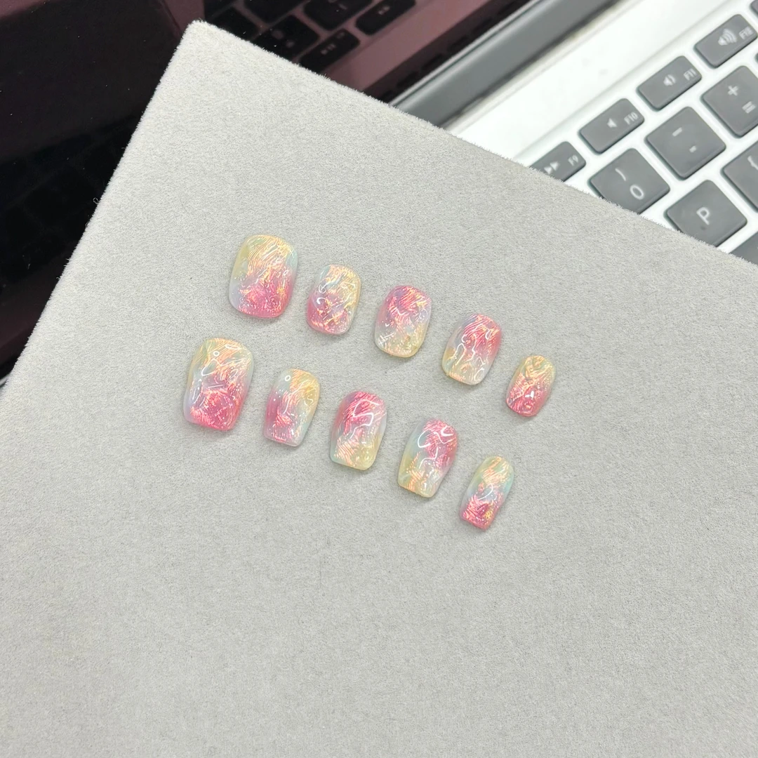 【七彩碧波】穿戴甲猫眼猫眼高级感贴片穿戴甲手绘穿戴甲高颜中长款