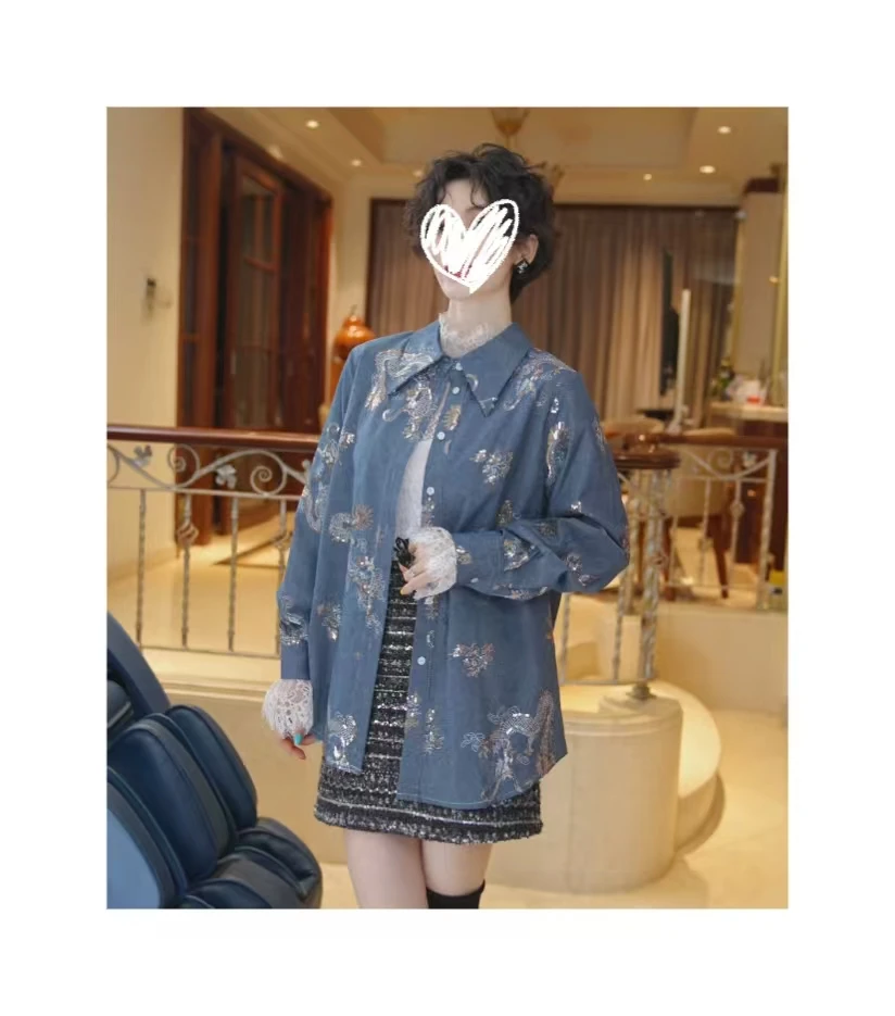 26112328【琉璃纱】春新款重工钉珠刺绣显瘦牛仔衬衫