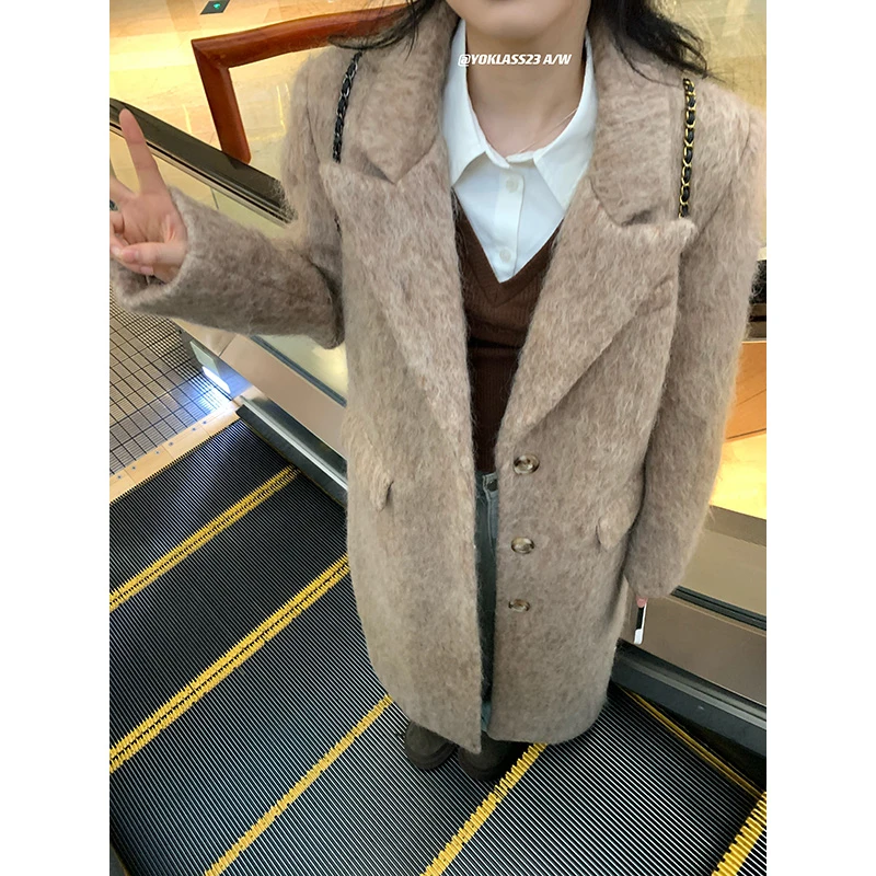 王少女【清清】浅咖色宽松长款毛呢外套 N13760S34