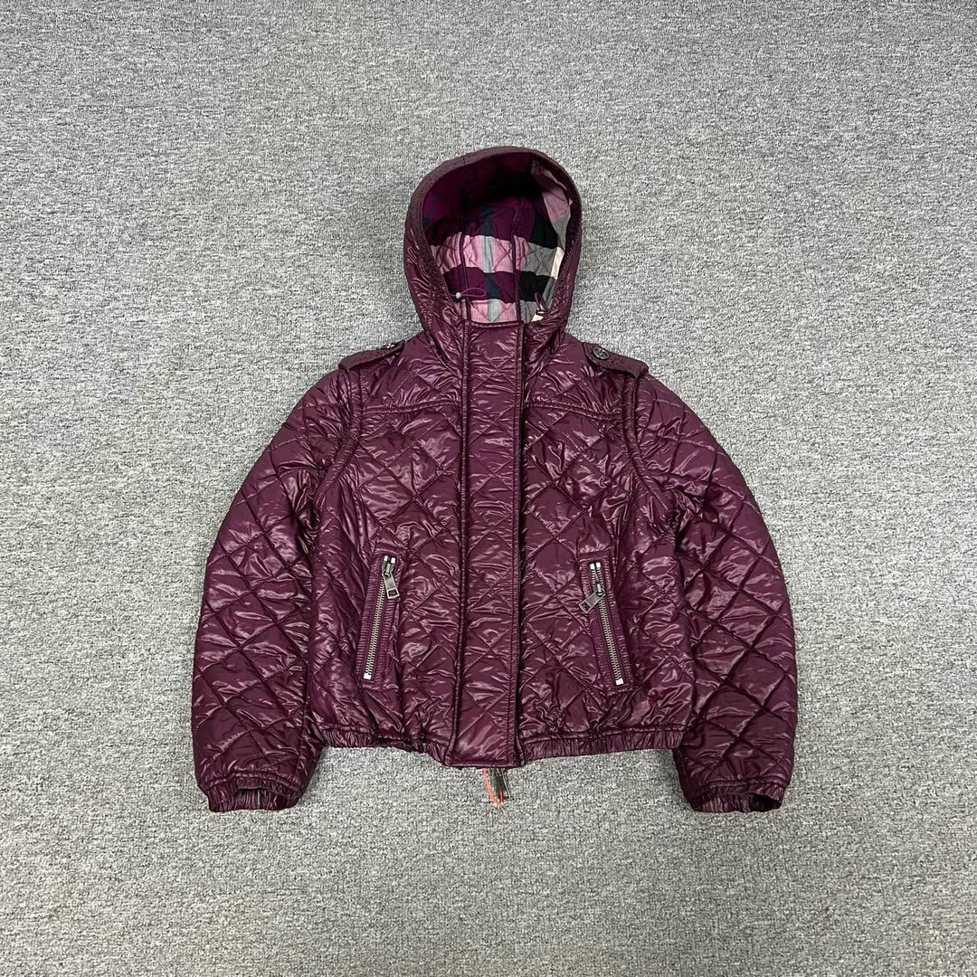 99新 BURBERRY/博柏利 深紫色 菱格纹 连帽 棉服 uk6