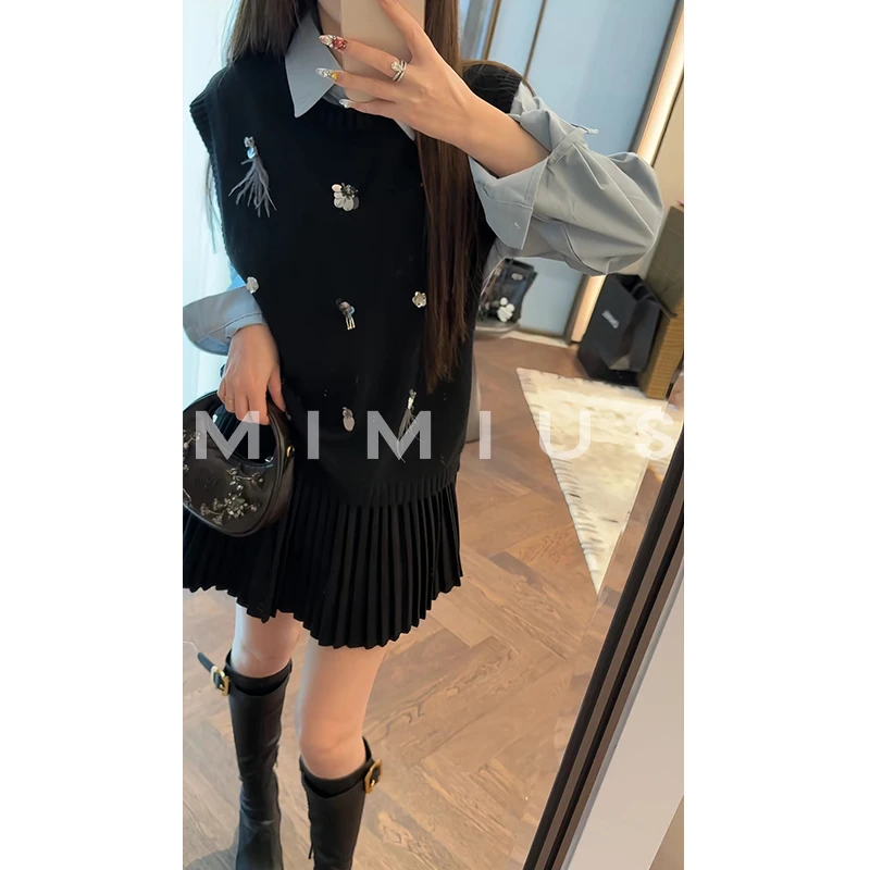 【mimius】七 26早春亮片针织马甲+翻领衬衫+裙裤汉服 H01010