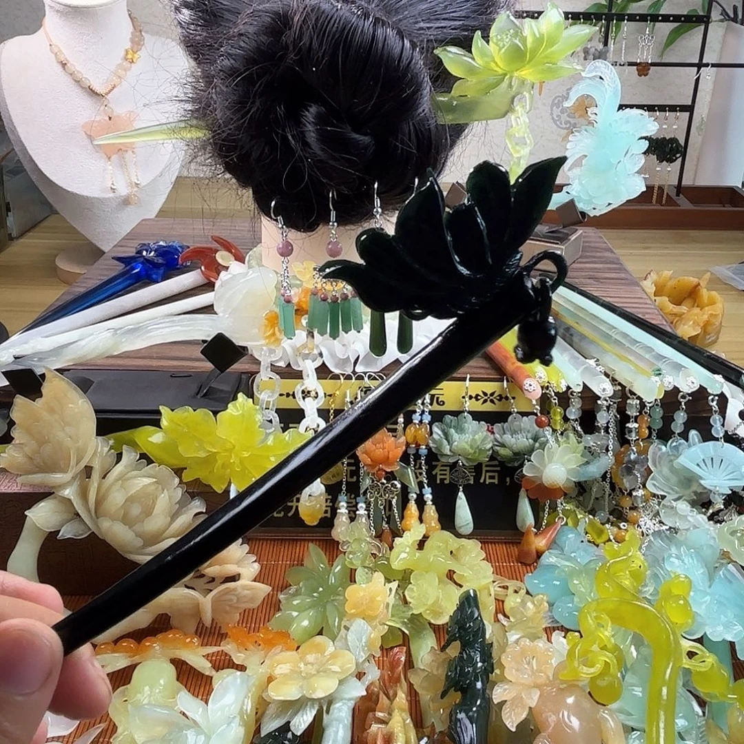 蛇纹石玉合金发饰岫玉501料子墨绿色