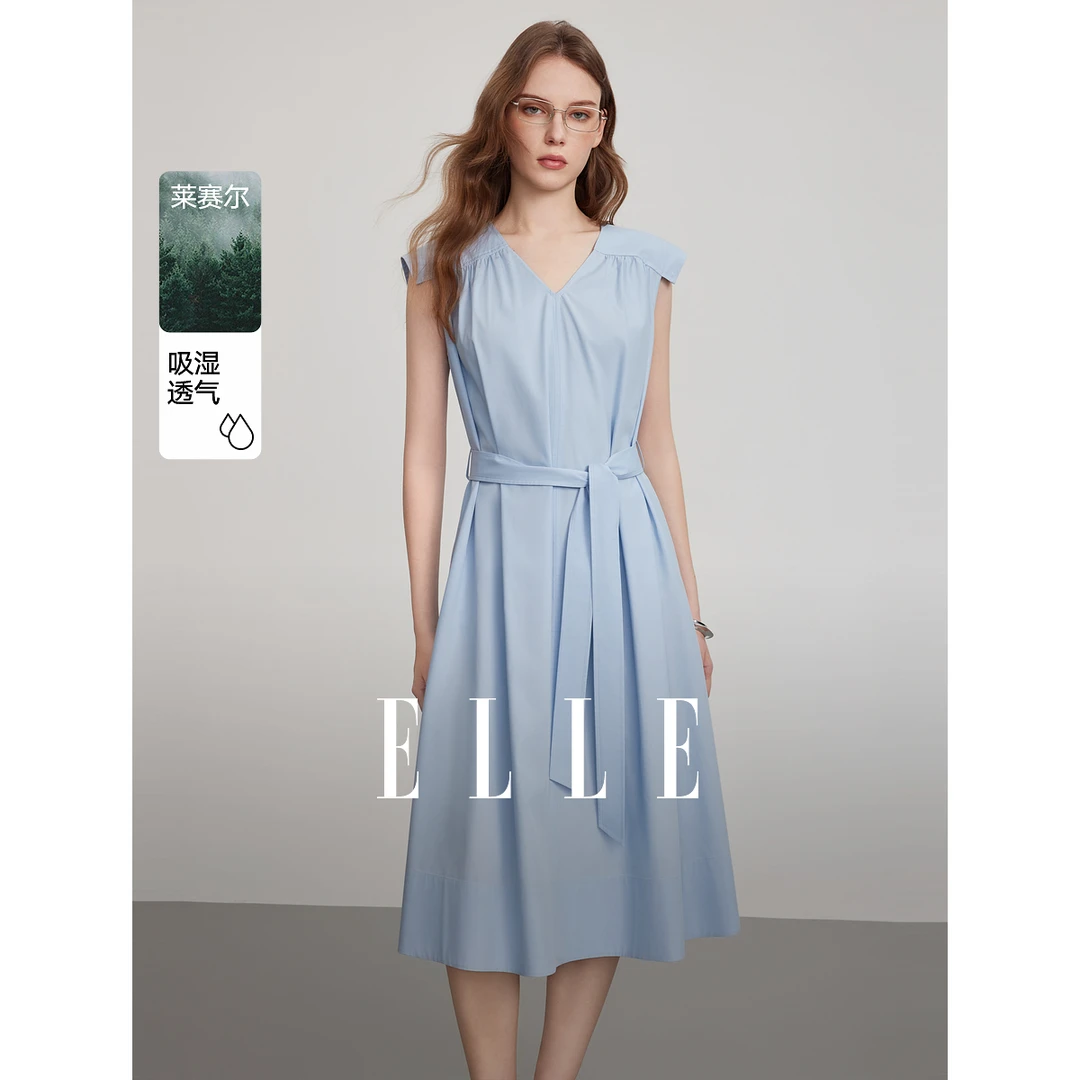 ELLE蓝色优雅v领腰带收腰显瘦连衣裙女2025夏季新款优雅EL51134
