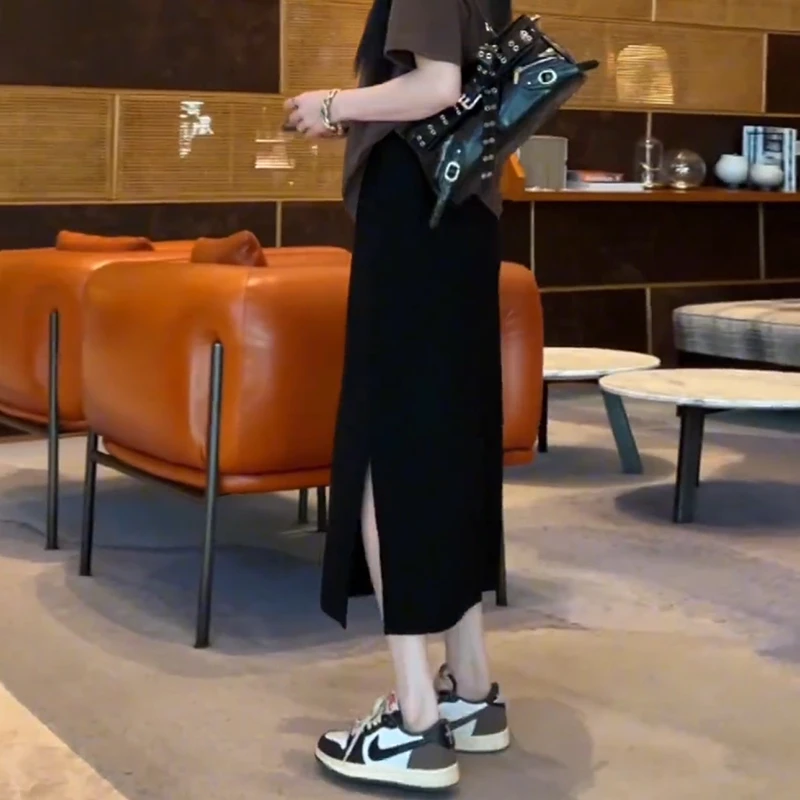 垂感开叉半身裙女薄款弹力a字裙夏季高腰显瘦百搭中长款直筒裙子