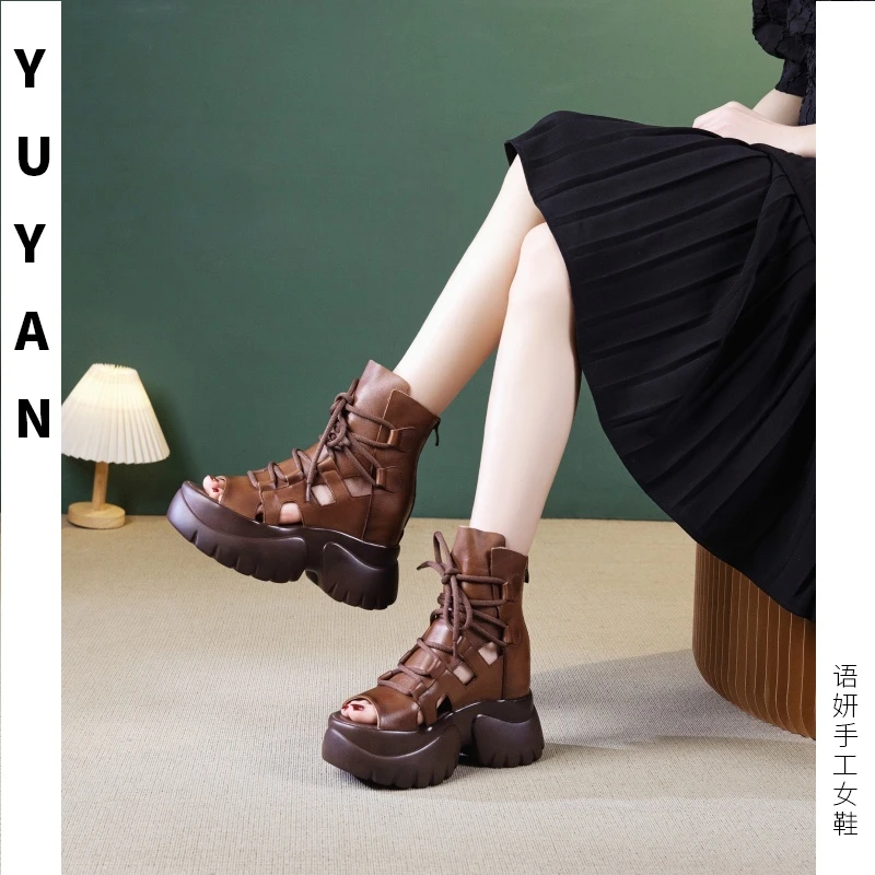 【YUYAN】9cm露趾罗马风格时装凉鞋女鞋坡跟凉靴镂空粗跟英伦厚底