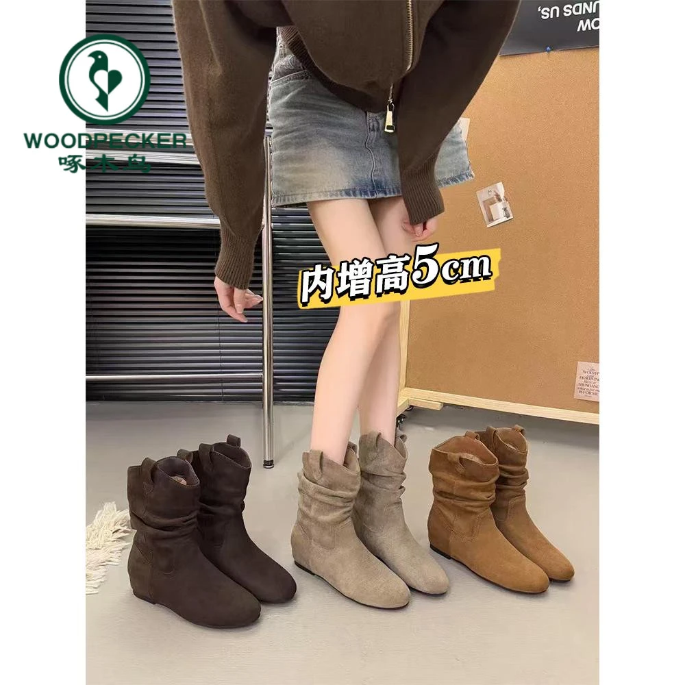啄木鸟内增高复古勃肯小短靴子女2025秋冬新款堆堆靴切尔西瘦瘦靴